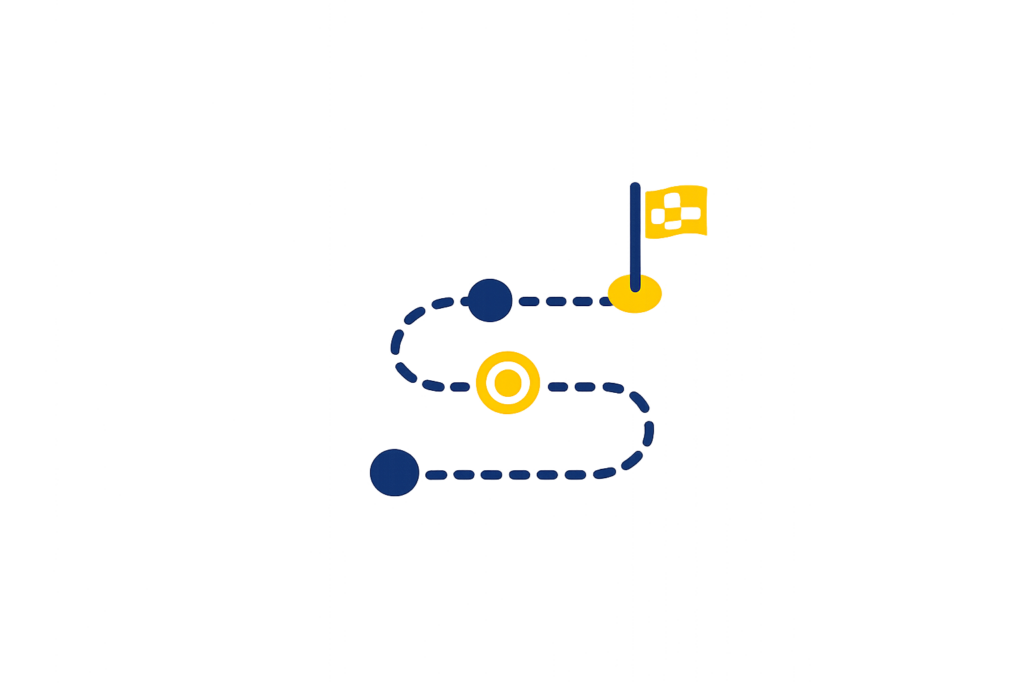 Journey roadmap icon showing a dotted path and finish flag in Monit Consulting colours