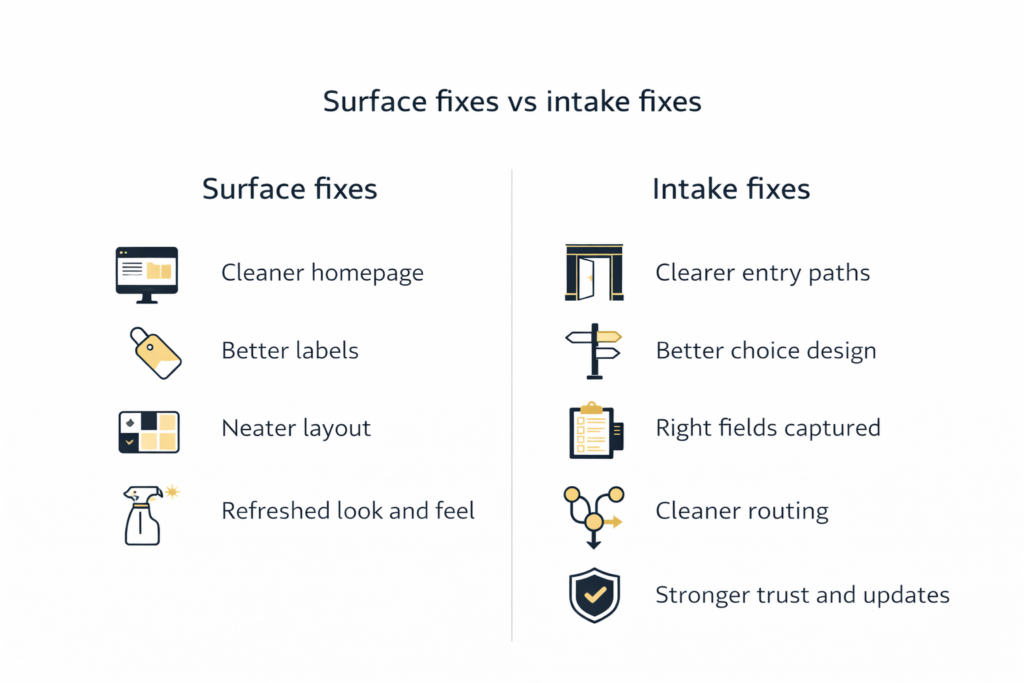 Comparison diagram showing surface portal fixes versus intake fixes, including homepage, labels and layout compared with entry, choice, detail, routing, and trust improvements.