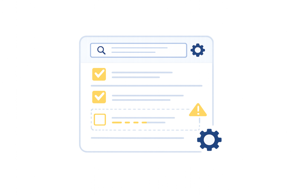 Form precision icon showing a web form with a review lens, representing clearer request forms and fewer missing details.
