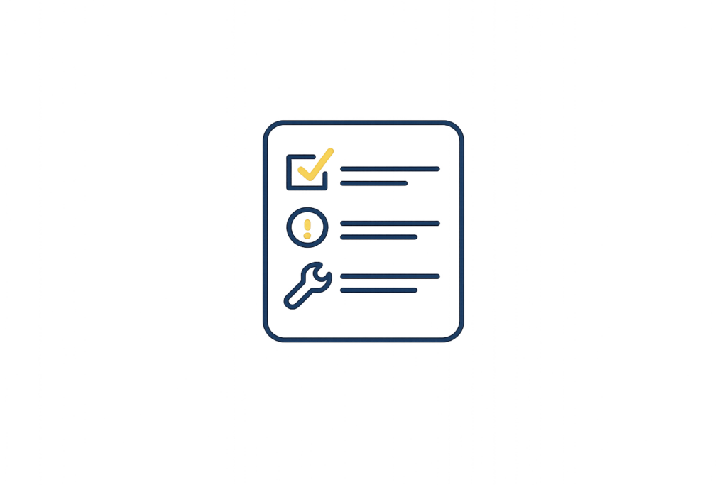 Icon showing a review panel with marked items to represent pilot readiness and priority fixes.