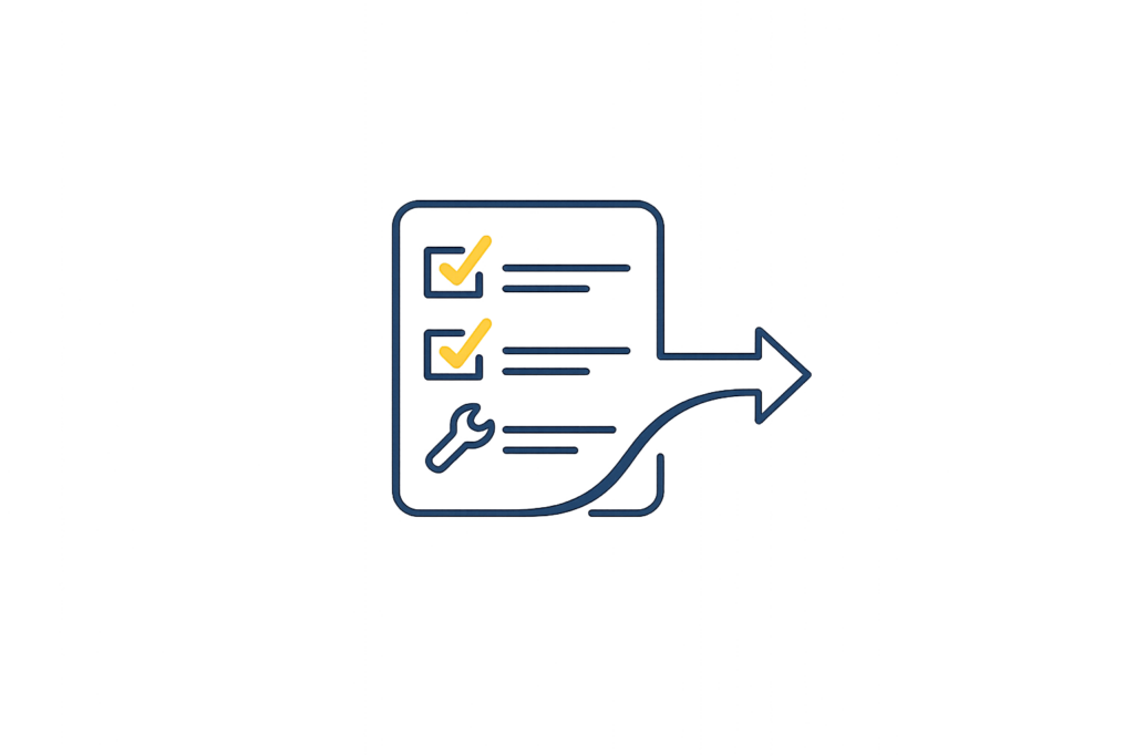 Icon showing a checklist and directional arrow to represent prerequisites, boundaries, and action paths.