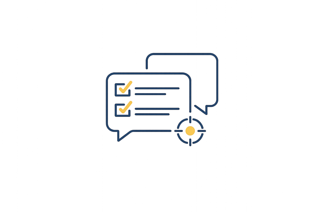 Icon showing conversation bubbles and a target symbol to represent kickoff, scope, and assessment fit.