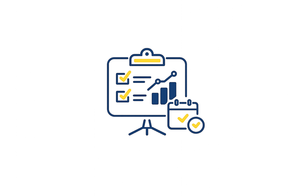 Icon showing a report screen with a check mark to represent playback, recommendations, and next steps.