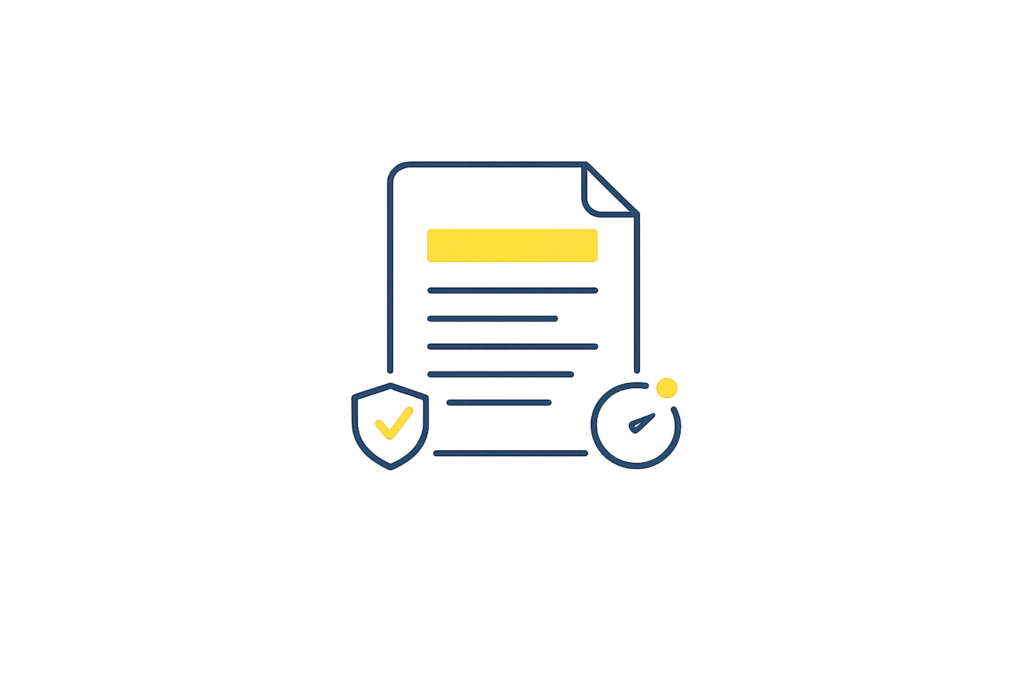 Icon showing a document with trust and review symbols to represent ownership, freshness, and governance.